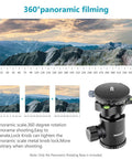 Panoramic Panning Base With Style Plate For Tripod And Monopod Heads Three Eighths Inch Bottom Socket One Quarter Inch Camera Screw Aluminum Alloy Bubble Level Ball Head with 360° rotation shown with mountain panorama images, emphasizing precise panning capabilities.