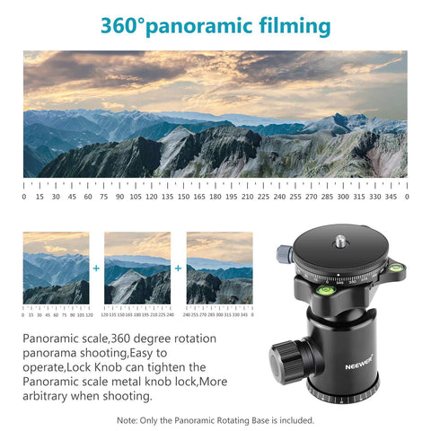 Panoramic Panning Base With Style Plate For Tripod And Monopod Heads Three Eighths Inch Bottom Socket One Quarter Inch Camera Screw Aluminum Alloy Bubble Level Ball Head with 360° rotation shown with mountain panorama images, emphasizing precise panning capabilities.
