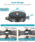 Panoramic Panning Base With Style Plate For Tripod And Monopod Heads Three Eighths Inch Bottom Socket One Quarter Inch Camera Screw Aluminum Alloy Bubble Level Ball Head Supports GoPro Smartphone DSLR And Camcorder Load Capacity Up To Twenty Two Pounds showing 360-degree rotation feature and bubble level for stability adjustment.