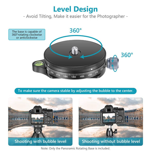 Panoramic Panning Base With Style Plate For Tripod And Monopod Heads Three Eighths Inch Bottom Socket One Quarter Inch Camera Screw Aluminum Alloy Bubble Level Ball Head Supports GoPro Smartphone DSLR And Camcorder Load Capacity Up To Twenty Two Pounds showing 360-degree rotation feature and bubble level for stability adjustment.