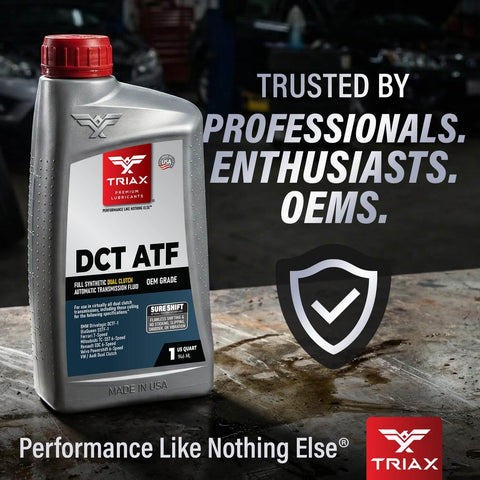 Full Synthetic DCT ATF For Direct Shift Gearboxes And Dual Clutch Transmissions OEM Grade 1 Quart bottle on workshop background