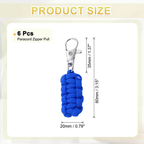 Paracord Zipper Pulls 80mm Polyester Replacement With Metal Clasp 6 Pack Dark Blue For Backpacks Luggage Clothing shown with size specs