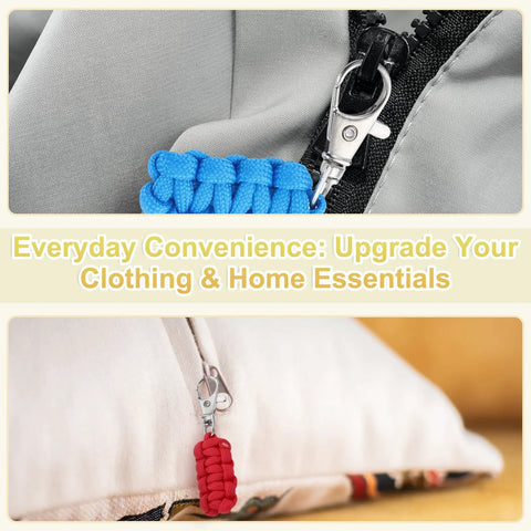 Blue and red paracord zipper pulls on pillows, shown for illustration of how the 80 mm replacement metal clasps work and look.