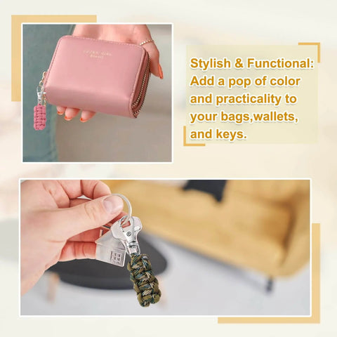 Close-up of pink wallet with pink paracord zipper pull and hand holding keys with green paracord zipper pull.