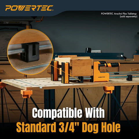 Image of 4 Pack Parallel Clamp Positioning Blocks for stable clamping on workbench with 3/4 inch dog holes, clamps fitted.