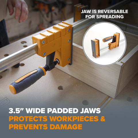 Heavy Duty 8 Piece Parallel Clamp Set For Woodworking With Two 24 Inch And Two 40 Inch Clamps And Four Bar Clamp Blocks 1100 Lbs Clamping Force Ideal For Glue Ups Joinery Cabinets And Furniture DIY Bora Clamp Set, showing 3.5 inch wide padded jaws in use on wooden workpiece.