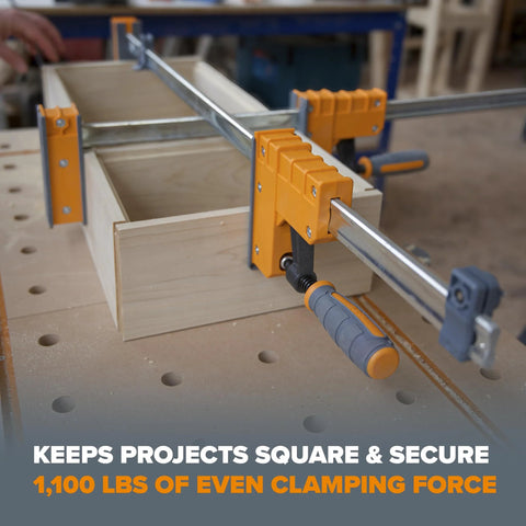 Heavy Duty 8 Piece Parallel Clamp Set For Woodworking With Two 24 Inch And Two 40 Inch Clamps And Four Bar Clamp Blocks 1100 Lbs Clamping Force Ideal For Glue Ups Joinery Cabinets And Furniture DIY Bora Clamp Set securing project on workbench