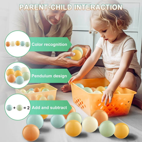 Parent and child playing with Ball Pit Balls (100 Pack, Orange,Teal) Plastic Balls for Various Games, Ideal for Ball Pits and Playhouses