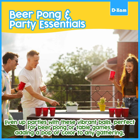Friends playing beer pong outdoors with multi color ping pong balls, enjoying party with drinks and games, highlighting social gathering.