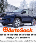 Passenger Vehicle Snow Socks HP697 Pack Of 2 For Tire Traction In Snow And Harsh Weather on SUV in snowy landscape
