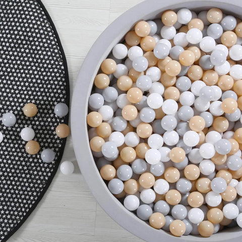 Ball Pit Balls for Toddlers Kids Plastic Balls for Ball-Pit Playpen Pool Baby Play Pastel BPA-Free Non Toxic Play Pastel Crush Proof Bal Beige Light Gray White 100pcs in a playpen.