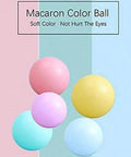 Colorful macaron-themed ball pit balls arranged on pastel background, labeled 'Macaron Color Ball' with soft colors for gentle play.