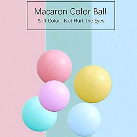 Colorful macaron-themed ball pit balls arranged on pastel background, labeled 'Macaron Color Ball' with soft colors for gentle play.