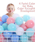Toddler playing with Soft Pit Balls in pastel colors; Chemical-Free Crush Proof Plastic Ocean Ball, BPA Free, Safe for Ball Pit/Kiddie Pool