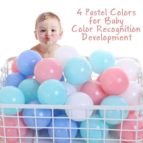 Toddler playing with Soft Pit Balls in pastel colors; Chemical-Free Crush Proof Plastic Ocean Ball, BPA Free, Safe for Ball Pit/Kiddie Pool