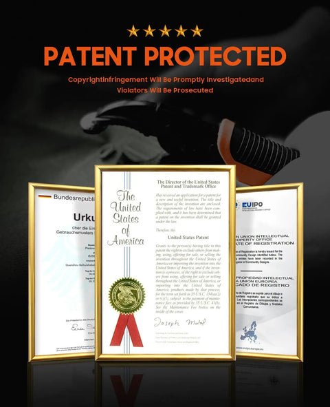 Patent protection certificates for Heavy Duty Snap Fastener Tool Kit With 100 Snap Sets In Four Colors displayed with gavel.