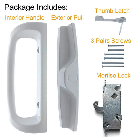 Patio Door Handle Set With Mortise Lock For Sliding Glass Doors Non Keyed Latch White Diecast 45 Degree Design Replacement