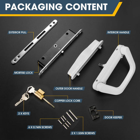 Patio Sliding Door Handle Set With Mortise Lock For 1-1/2 To 2 Inch Thick Doors, 4-15/16 Inch Screw Hole Spacing, Includes Components