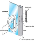 Diagram of Mortise Style Sliding Patio Door Handle Set with hole spacing, installation on 1-1/2 to 1-3/4 inch doors, white diecast, non-keyed