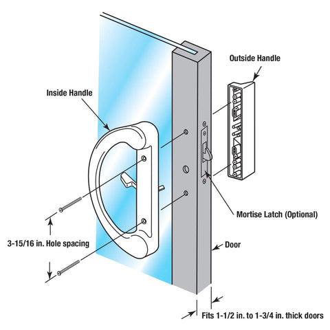 Diagram of Mortise Style Sliding Patio Door Handle Set with hole spacing, installation on 1-1/2 to 1-3/4 inch doors, white diecast, non-keyed