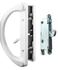 Patio Door Handle Set With Mortise Lock For Sliding Glass Doors Non Keyed Latch White Diecast 45 Degree Design Replacement Fits Three And Fifteen Sixteenths Inch Screw Hole Spacing Reversible Non Handed Easy Install