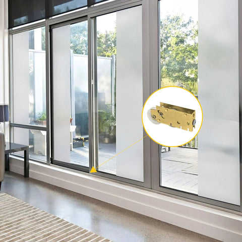 Installed patio door tandem roller with white nylon wheel and precision bearing in steel housing for smooth sliding doors.