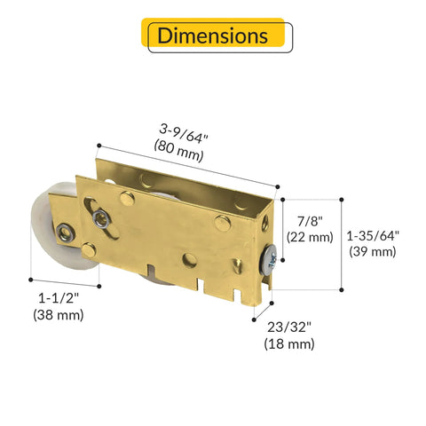 Patio Door Tandem Roller With White Nylon Wheel And Precision Bearing In Steel Housing For Smooth Sliding Doors, dimensions shown