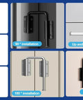 2 Pack 2.36 Inch Patio Sliding Door Loop Lock for 90 to 180 Degree Glass Doors, various installations, black and white.