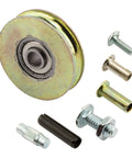 One And One Half Inch Patio Roller Kit Two Pack With Steel Ball Bearing Wheels Includes Two Rollers Two Axle Pins Two Roll Pins And Versatile Mounting Hardware For Rivet Roll Pin Drive Pin Binder Post Or Screw Or Bolt Installations, shown with roller and hardware components