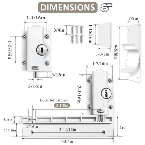 Patio Sliding Door Security Foot Lock With Keyed Lock ABS Construction Fits On Top Rail Or Bottom Rail Detailed Dimensions