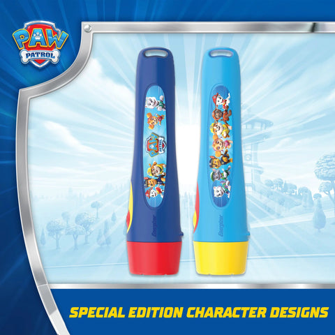 Two lightweight kid friendly LED flashlights featuring Paw Patrol characters with batteries included, easy to grip for little hands.