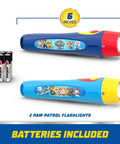 Two lightweight kid friendly LED flashlights featuring Paw Patrol characters with batteries included, showing front view and size
