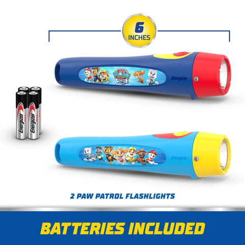 Two lightweight kid friendly LED flashlights featuring Paw Patrol characters with batteries included, showing front view and size