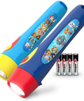 Two lightweight kid friendly LED flashlights featuring Paw Patrol characters with batteries included, easy to grip for little hands.
