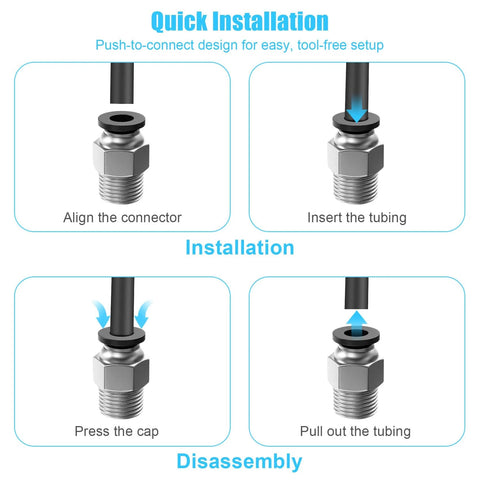 Diagram showing installation of PC4 M10 Pneumatic Quick Connector Fittings No Fuss Bowden Tube Coupler Male Straight PTFE Tube Push Fit