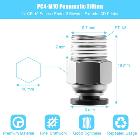 PC4 M10 Pneumatic Quick Connector Fittings No Fuss Bowden Tube Coupler Male Straight PTFE Tube Push Fit for 3D Printer