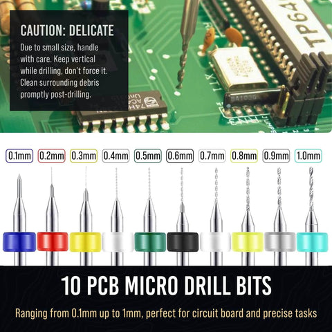 Micro Drill Bits Set With Pin Vise For PCB Projects And Jewelry Making 29 Pieces 0.1mm To 2.5mm displayed with color-coded bits.