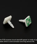 Sticky PCB Spacer Kit With 24 Adhesive Standoffs 0.37 Inch Height Insulated White Mounts For PCB Board Support shown flat on black background
