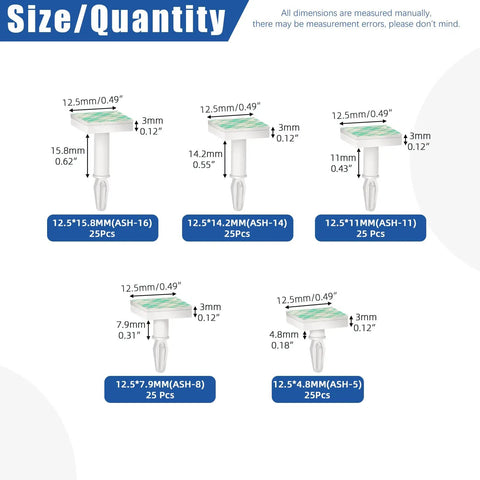 Sticky PCB Spacers 125 Pcs Set With Five Heights 4.8mm 7.9mm 11mm 14.2mm 15.8mm White Adhesive Insulated Standoff Posts Locking Snap In For PCB PC Board Reverse Mount product dimensions and quantities displayed.