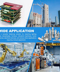 Collage of PCB stacked layers, adjustable fasteners, construction site, and industrial robots, showing the wide application of fasteners.