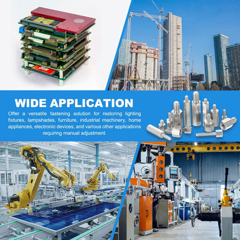 Collage of PCB stacked layers, adjustable fasteners, construction site, and industrial robots, showing the wide application of fasteners.