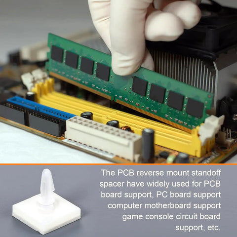 Sticky PCB Spacers 100Pcs Adhesive Insulated Standoffs for PC Boards and Computer Motherboards 0.25 Inch Height installed on motherboard.