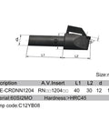 Diagram showing a Round PCD CBN PCBN Insert for 12mm tool holder with dimensions and material specifications for lathe use.