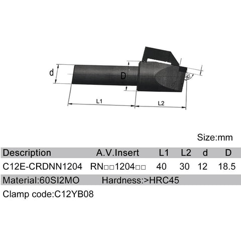 Diagram showing a Round PCD CBN PCBN Insert for 12mm tool holder with dimensions and material specifications for lathe use.