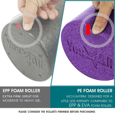 Comparison of medium firm PE foam roller and extra firm EPP roller, showing firmness difference and product texture