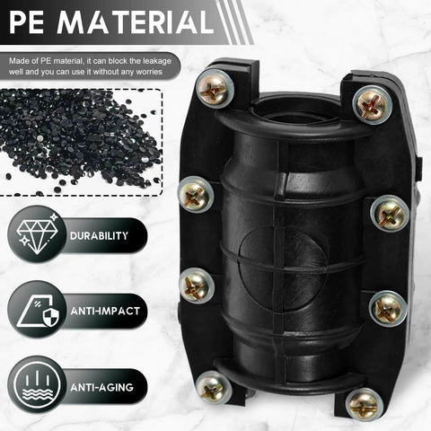 Emergency Water Pipe Repair Clamp Kit For Cast Iron Cement PVC PE Pipes 20mm Leak Fix Reusable Anti Impact Clamp For Burst Or Punctured Pipes All In One Leak Repair Solution, shown in black PE material with anti-impact and durability features