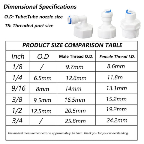 Size chart and three push-to-connect fittings for Three Quarter Inch Male Thread To One Quarter Inch OD PE Tube Push To Connect Adapter.