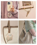 Cute beaded phone charm, key ring on book, fuzzy bag charm, and handbag with beaded charm showcasing various accessory uses.