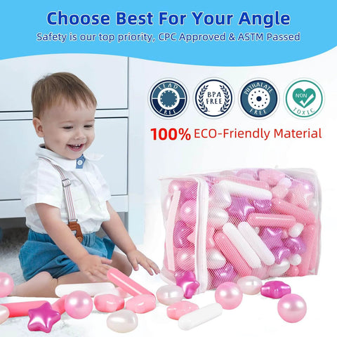 Toddler playing with Ball Pit Balls for Toddlers, Pack of 200 BPA Free Phthalate Free Crush Proof Plastic Pit Balls for Ball Pits, Pearl Colors