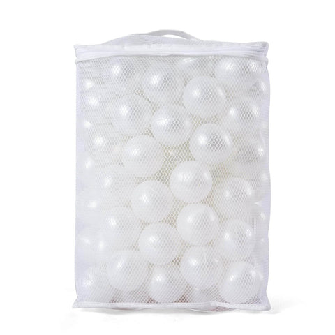 White mesh bag filled with 100 pearl white Ball Pit Balls 100 Play Balls Plastic Balls for Baby Girls Toddlers Kids Play Tent Pool Playhouse Playpen Party Decoration.